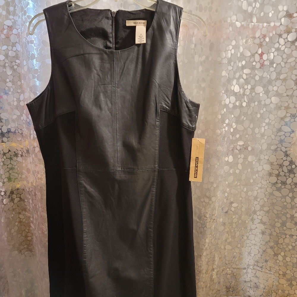 DKNY Jeans Womens Sheath Mixed Media Genuine Leather (Lamb) Dress Knit Panel New